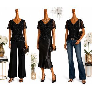 Adrianna Papell Black Beaded Sequin Sheer Silk Blouse M Evening Boutique